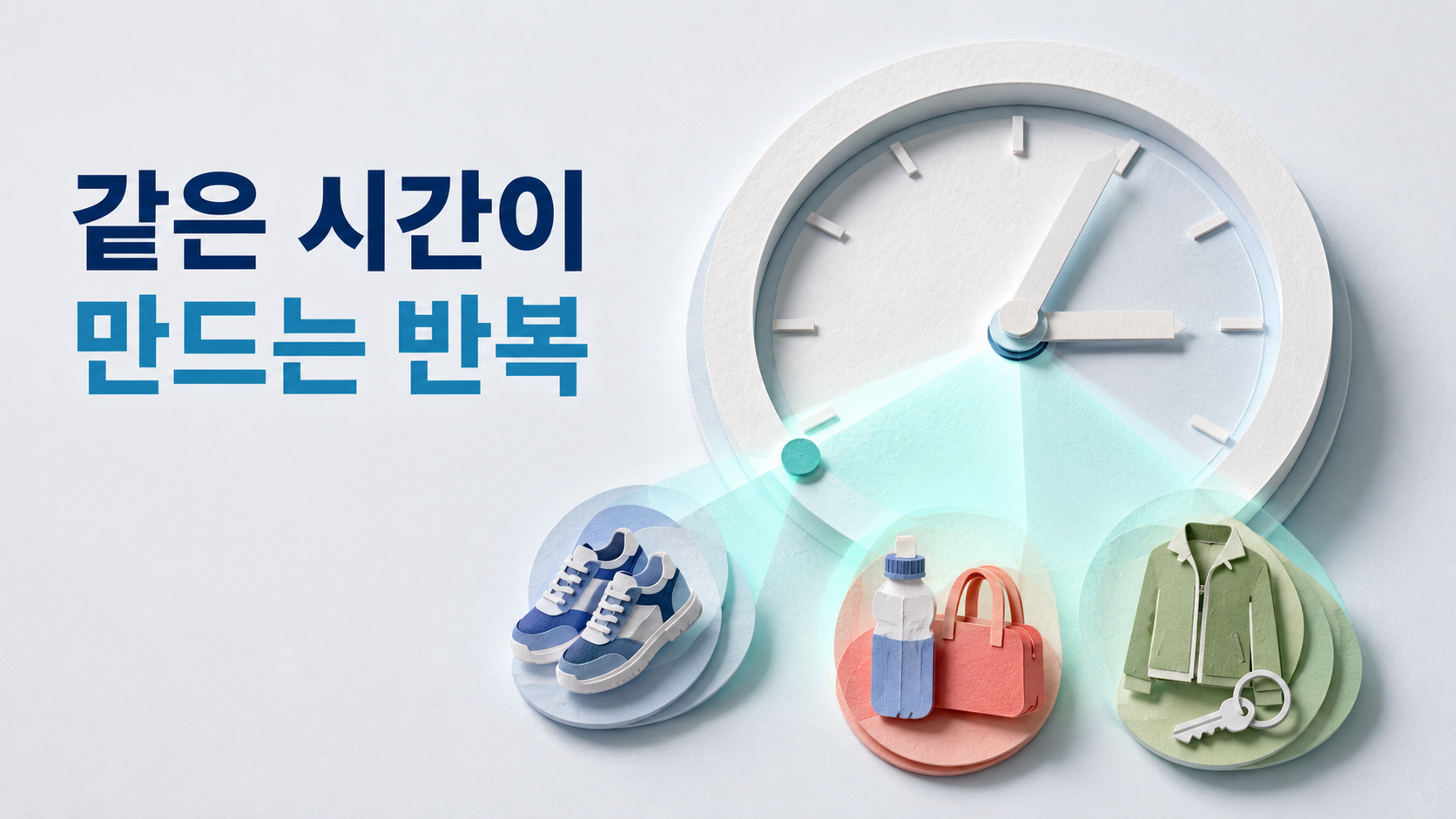 공동의 일정이 개인의 반복 행동을 고정하는 원리 2 하나의 공통 시계를 중심으로 서로 다른 개인의 준비 행동을 상징하는 생활 오브젝트가 같은 시간에 활성화되는 모습을 종이 공예로 표현한 이미지