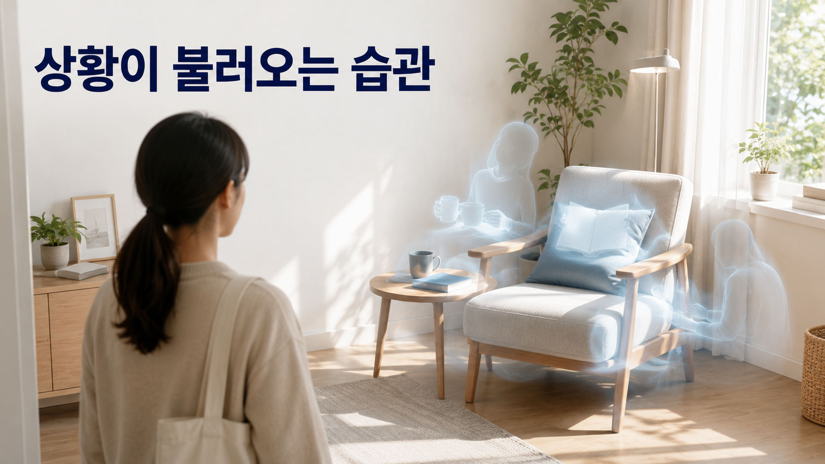 특정 상황을 만났을 때 과거의 습관 행동이 떠오르는 과정 2 익숙한 생활 공간을 마주한 사람이 의자와 주변 물건에 겹쳐 보이는 과거 행동의 은은한 흔적을 바라보는 습관 형성 이미지
