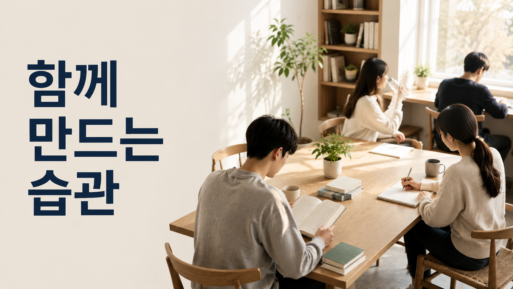 주변 사람의 행동이 나의 습관 형성에 영향을 주는 이유 2 같은 공간에서 독서와 기록 등 일상 행동을 함께하며 주변 사람의 행동이 습관 형성에 영향을 주는 모습을 표현한 이미지