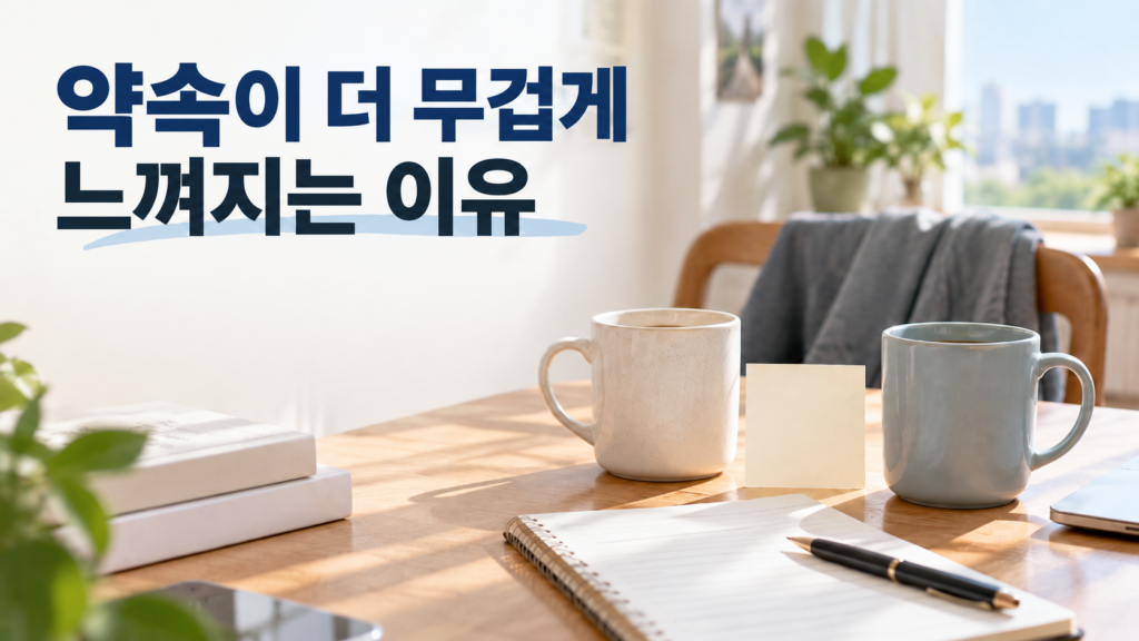 다른 사람과 약속한 행동이 혼자 정한 행동보다 다르게 느껴지는 이유 2 두 개의 머그컵과 열린 노트가 놓인 밝은 실내 테이블 위로 약속된 행동이 주는 책임감과 관계의 맥락을 표현한 대표 이미지