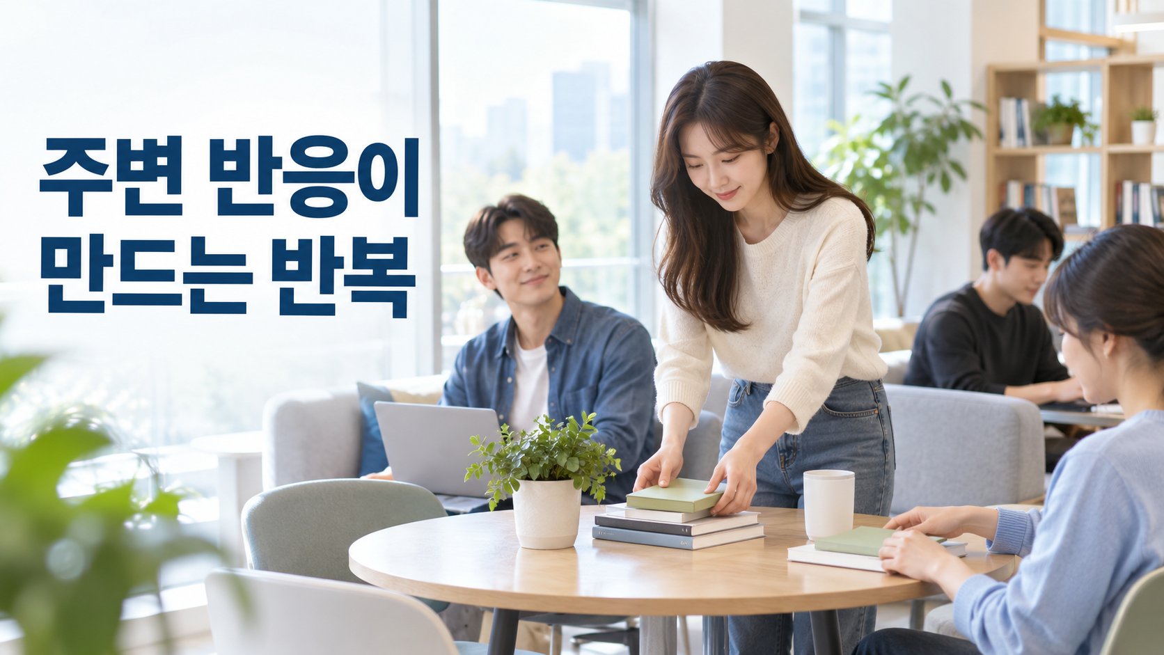 주변 사람의 반응이 반복 행동을 강화하거나 약화하는 이유 2 공용 공간에서 한 사람의 정돈 행동을 주변 사람들이 자연스럽게 바라보고 반응하는 모습을 통해 사회적 반응과 반복 행동의 관계를 표현한 이미지