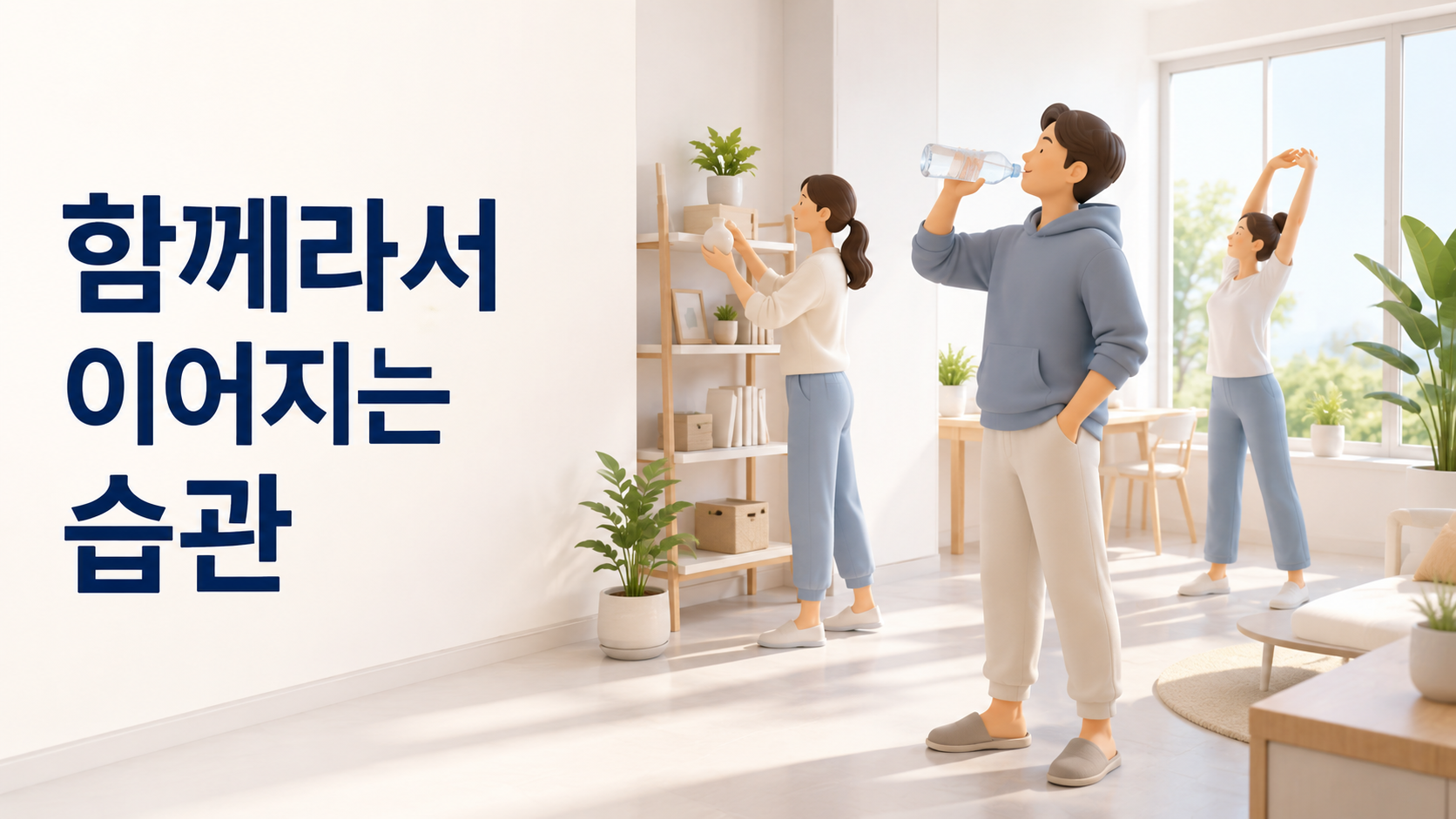 함께하는 사람이 있을 때 반복 행동을 지속하기 쉬운 원리 2 같은 공간에서 여러 사람이 각자의 일상 행동을 자연스럽게 이어 가며 함께하는 환경이 반복 행동에 영향을 주는 모습을 표현한 이미지