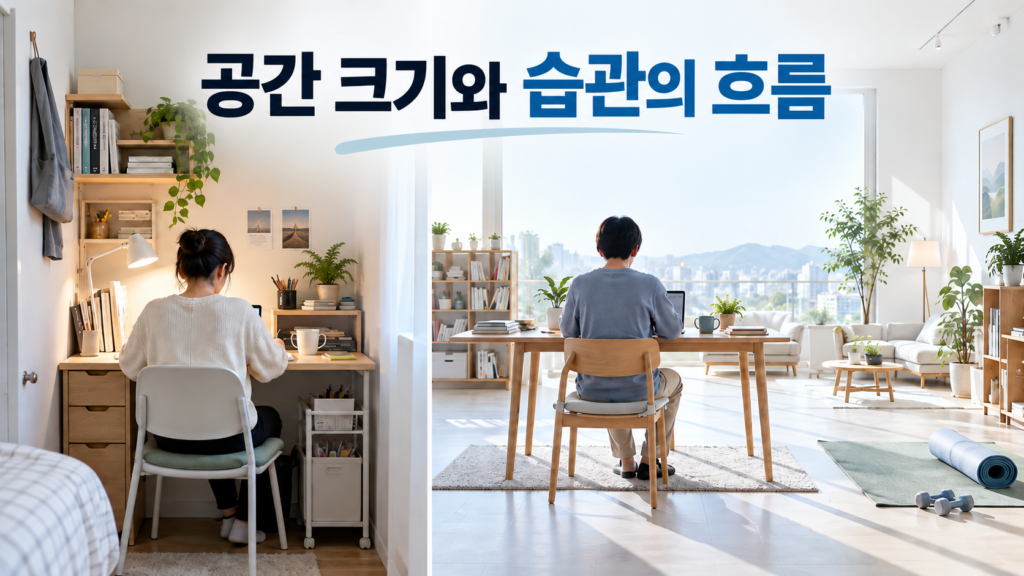 습관 형성에서 공간의 크기가 행동 방식에 차이를 만드는 이유 2 작은 작업 공간과 넓은 작업 공간을 함께 보여 주며 공간의 크기에 따라 습관 행동의 시작 방식과 흐름이 달라질 수 있음을 설명하는 대표 이미지