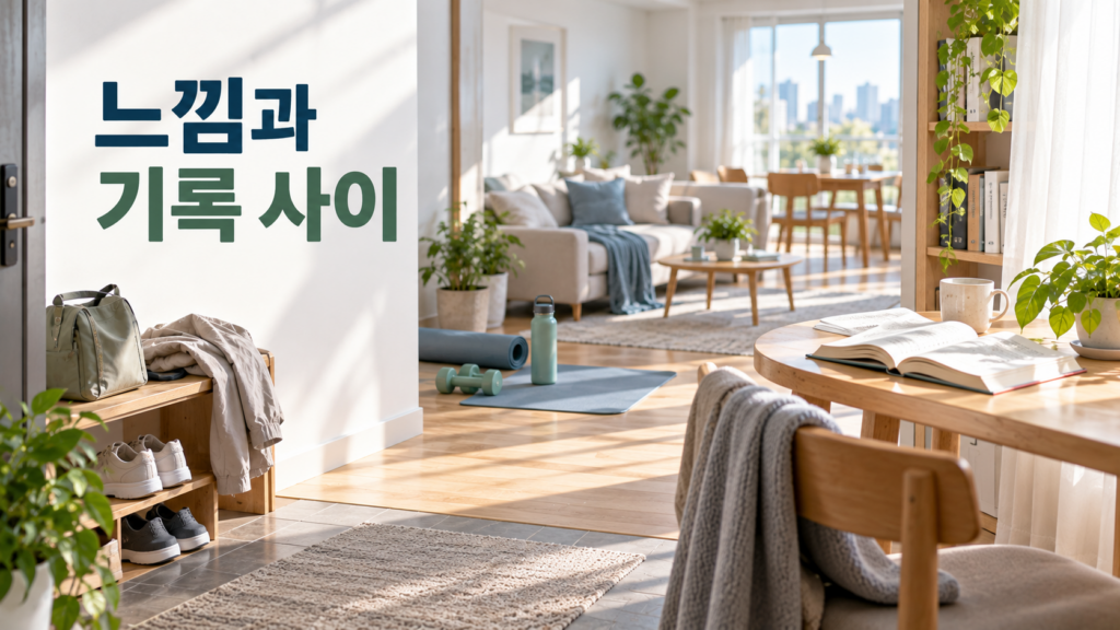주관적인 느낌과 실제 행동 기록이 다르게 나타날 수 있는 이유 2 습관에 대한 주관적인 느낌과 실제 생활 공간에 남은 반복 행동의 흔적이 서로 다르게 나타날 수 있음을 표현한 이미지