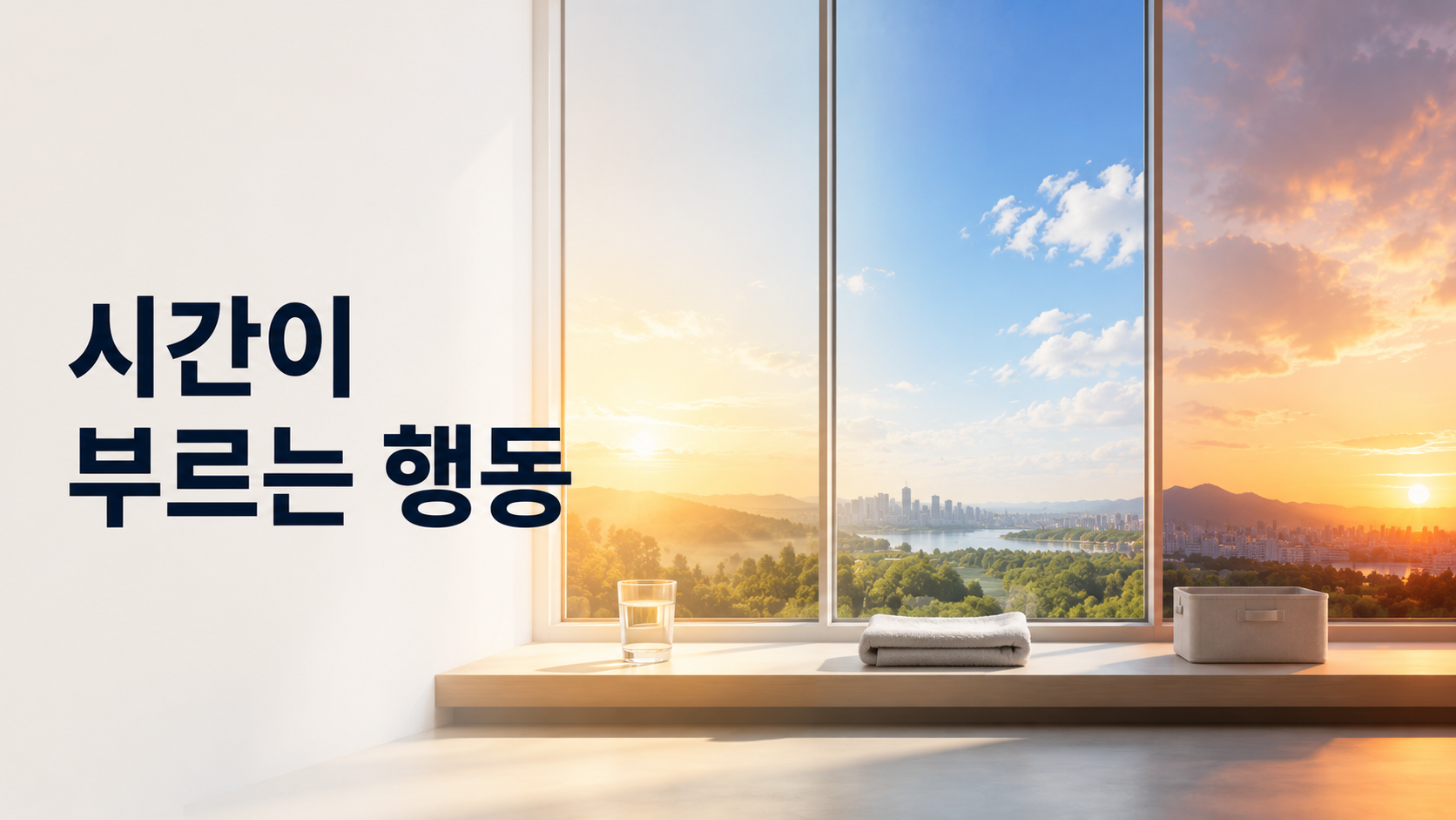 시간대가 반복 행동의 신호가 되는 습관 형성 과정 2 하나의 창가 공간에 아침부터 저녁까지 자연광이 변화하고 시간대별 생활 오브젝트가 놓여 있어 시간적 맥락과 반복 행동의 연결을 표현한 이미지