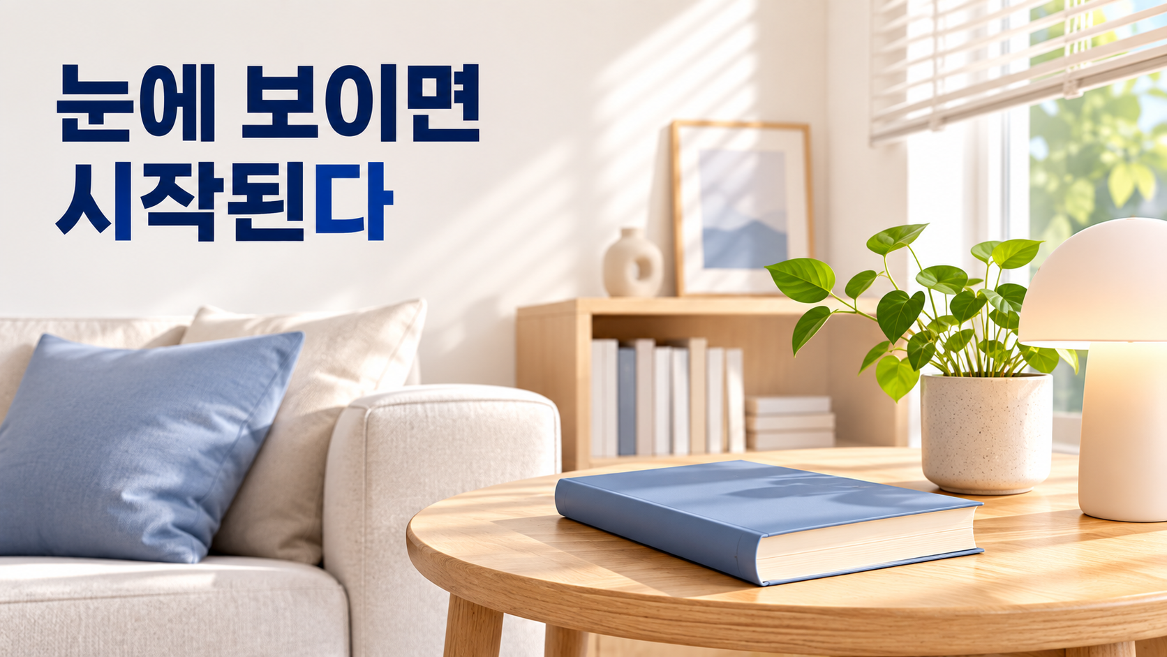 물건이 눈에 잘 보일수록 습관 행동을 시작하기 쉬운 이유 2 생활 공간에서 자연스럽게 눈에 띄는 위치에 놓인 책을 통해 물건의 가시성과 습관 행동 시작의 관계를 표현한 이미지