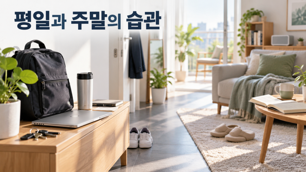 평일과 주말의 행동 기록을 비교하면 습관 패턴이 다르게 보이는 이유 2 평일과 주말에 달라지는 생활 환경과 물건 배치를 통해 서로 다른 습관 패턴을 표현한 이미지