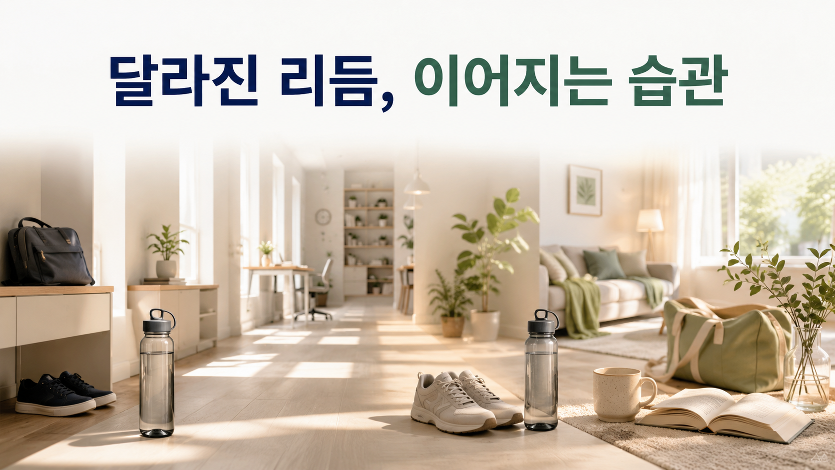 주말과 평일의 생활 리듬 차이가 습관 형성에 미치는 영향 2 규칙적인 평일의 생활 흐름에서 여유로운 주말의 흐름으로 공간의 리듬이 변화하면서 동일한 생활 오브젝트가 이어지는 모습을 표현한 이미지