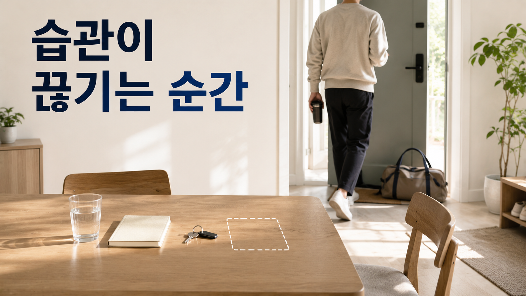 잘 이어지던 습관 행동이 갑자기 중단되는 이유 2 평소 반복되던 아침 생활 공간에서 사물의 위치와 일정한 흐름이 달라진 모습을 통해 습관 행동이 중단되는 상황을 표현한 이미지