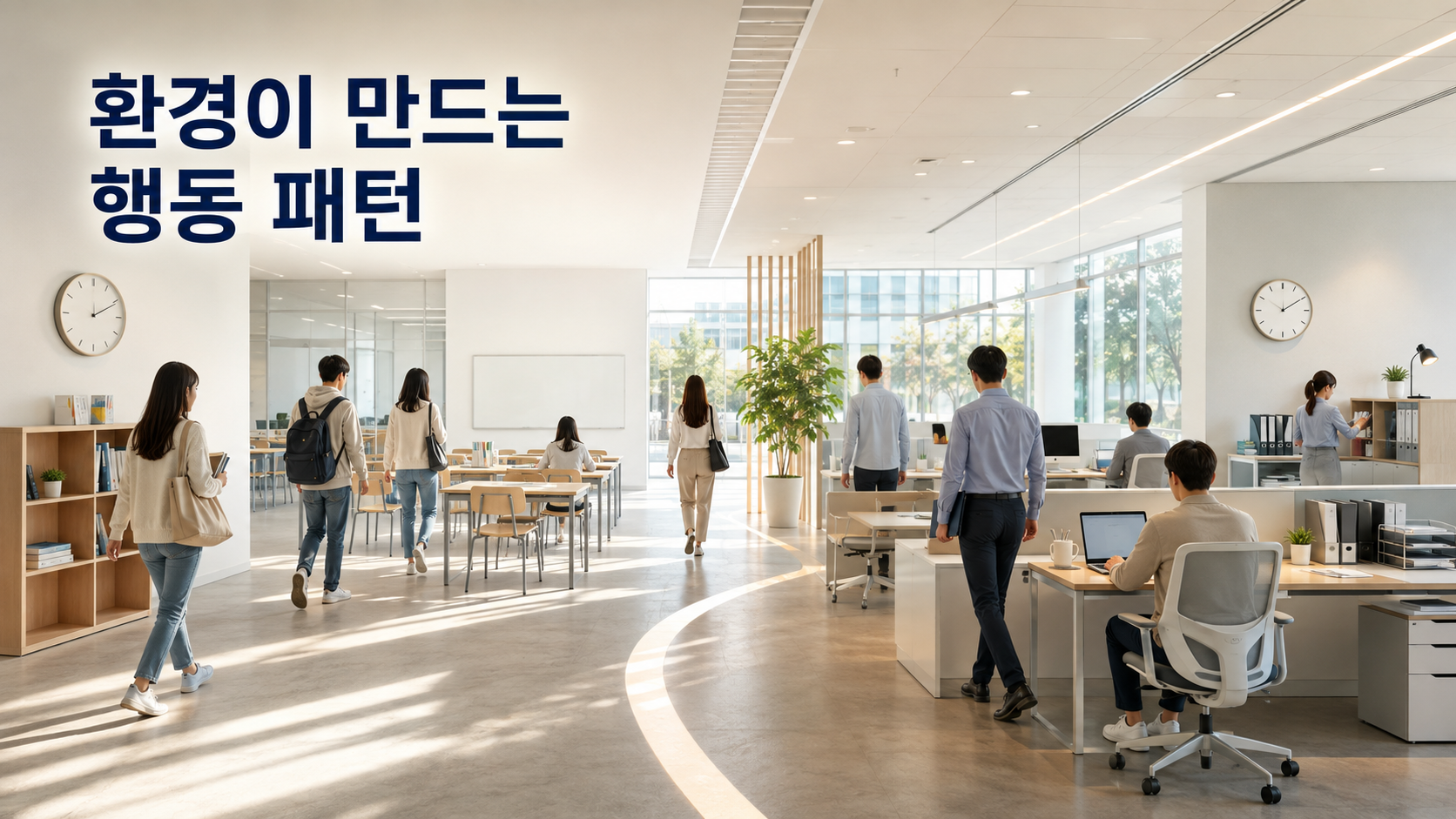 직장과 학교 환경에서 특정 행동 패턴이 만들어지는 이유 2 학교와 직장 환경에서 일정한 시간과 공간, 주변 사람과 물건이 반복 행동의 흐름으로 연결되는 모습을 표현한 이미지