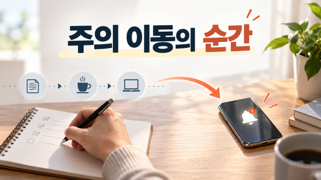 새로운 자극이 나타나면 진행하던 습관 행동에서 주의가 이동하는 이유 2 반복되는 습관 행동의 흐름 사이에 새로운 자극이 나타나며 주의가 옆으로 이동하는 모습을 시각적으로 표현한 이미지