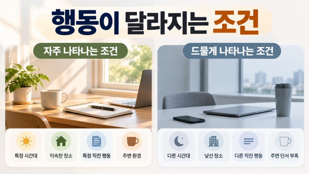 반복 행동이 가장 자주 나타나는 조건과 드물게 나타나는 조건을 비교하는 방법 2 반복 행동이 자주 나타나는 조건과 드물게 나타나는 조건을 두 영역으로 비교해 표현한 습관 형성 정보 이미지