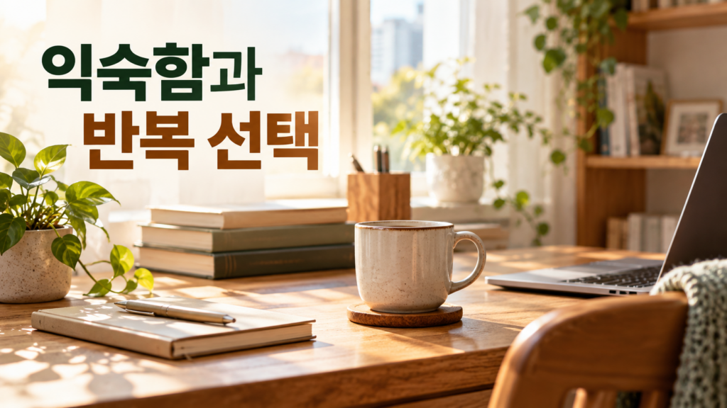 익숙한 행동에서 느끼는 편안함이 반복 선택으로 이어지는 과정 2 익숙한 위치에 놓인 머그컵과 생활 소품이 있는 편안한 실내 공간을 통해 익숙한 행동과 반복 선택의 관계를 표현한 이미지