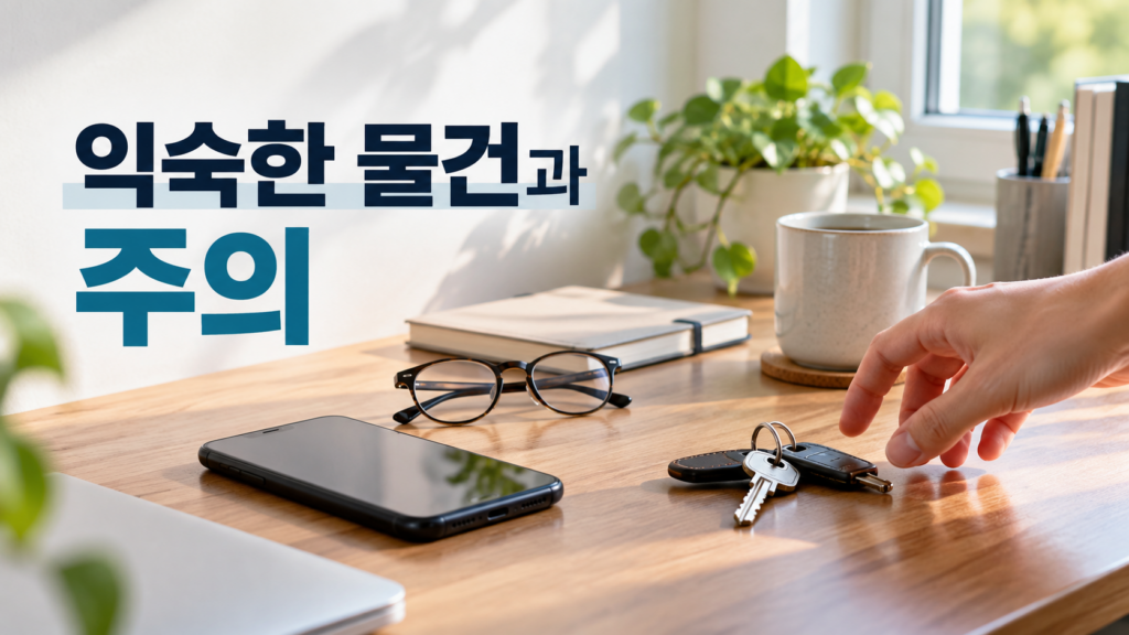 자주 사용하는 물건을 찾는 속도가 빨라지는 주의와 습관의 관계 2 책상 위의 자주 사용하는 물건 가운데 열쇠에 자연스럽게 시선과 손이 향하는 모습을 통해 주의와 습관 형성의 관계를 표현한 이미지입니다.