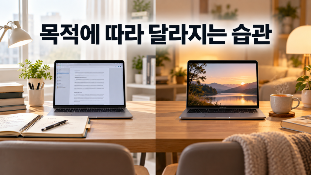 같은 습관 행동도 시작 목적에 따라 과정이 달라질 수 있는 이유 2 같은 노트북과 책상을 사용하지만 한쪽은 학습과 업무를, 다른 한쪽은 휴식과 여가를 목적으로 활용하는 모습을 비교한 이미지