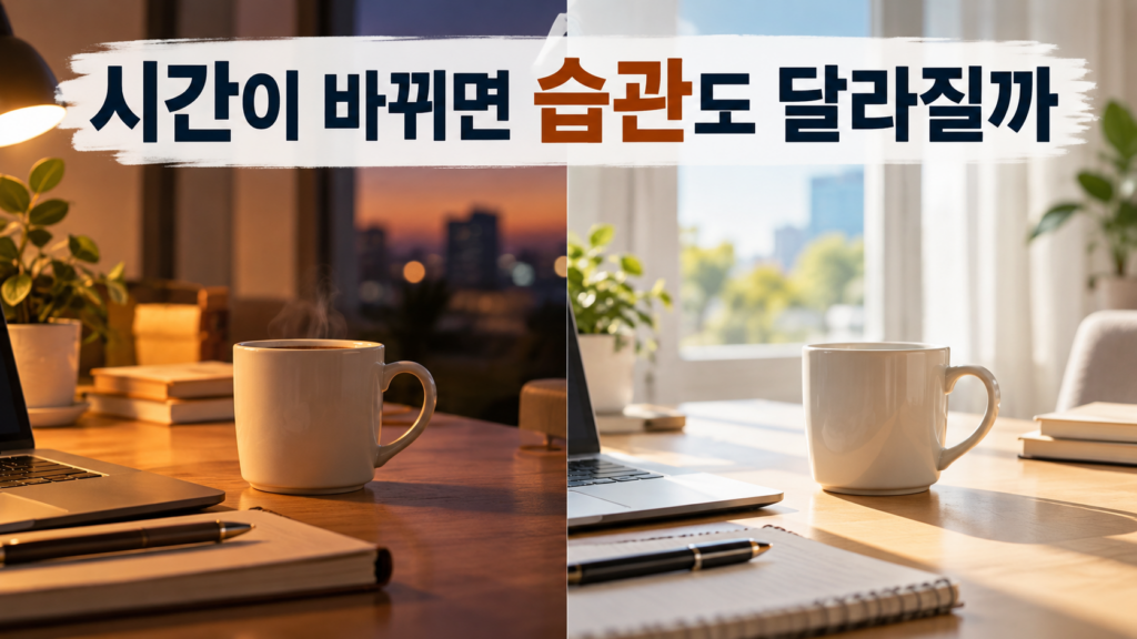 평소와 다른 시간에 같은 신호를 만나면 습관 행동은 어떻게 달라질까 2 같은 머그컵과 작업 공간이 서로 다른 시간대에 놓인 모습을 비교해 습관 신호와 시간 맥락의 차이를 표현한 이미지