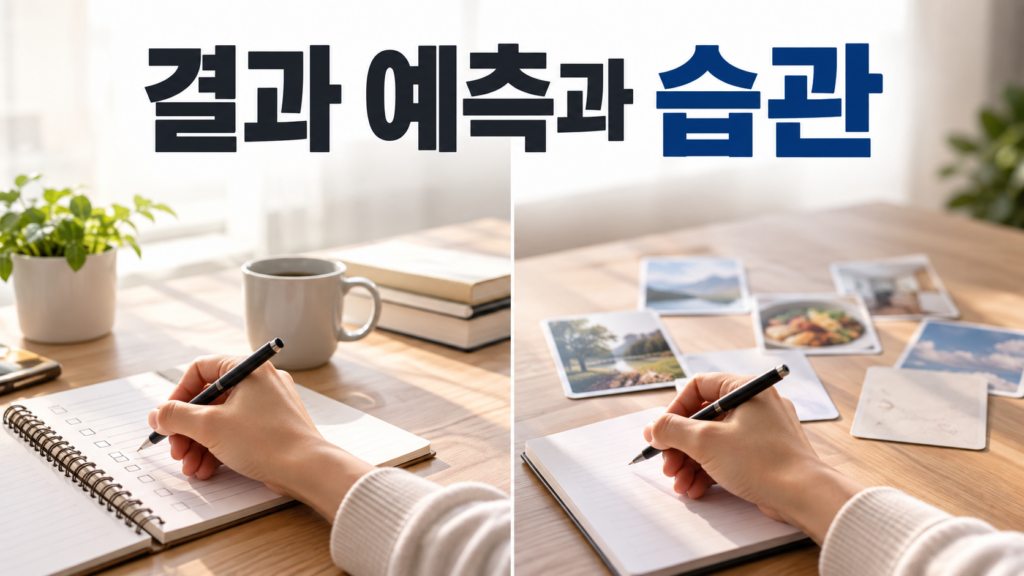 행동의 결과를 미리 알 때와 모를 때 습관 형성은 어떻게 달라질까 2 결과를 미리 알 수 있는 행동과 결과를 알기 어려운 행동을 좌우로 비교해 습관 형성의 차이를 표현한 이미지