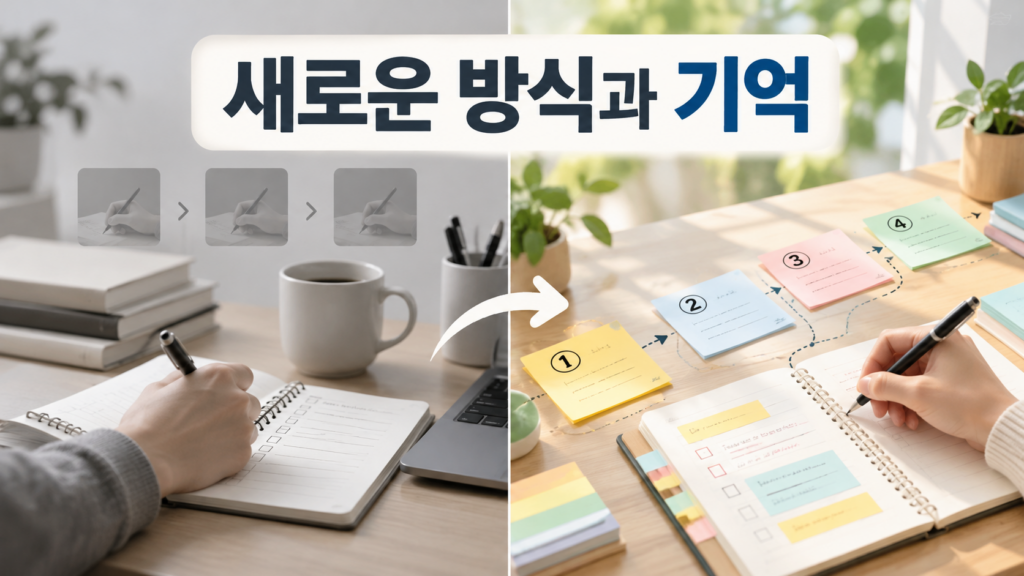 익숙한 행동을 새로운 방식으로 수행하면 기억에 더 선명하게 남는 이유 2 익숙한 행동과 새로운 방식의 행동을 비교하며 새로운 수행 방식이 기억을 더 선명하게 남길 수 있음을 시각적으로 보여주는 정보형 대표 이미지