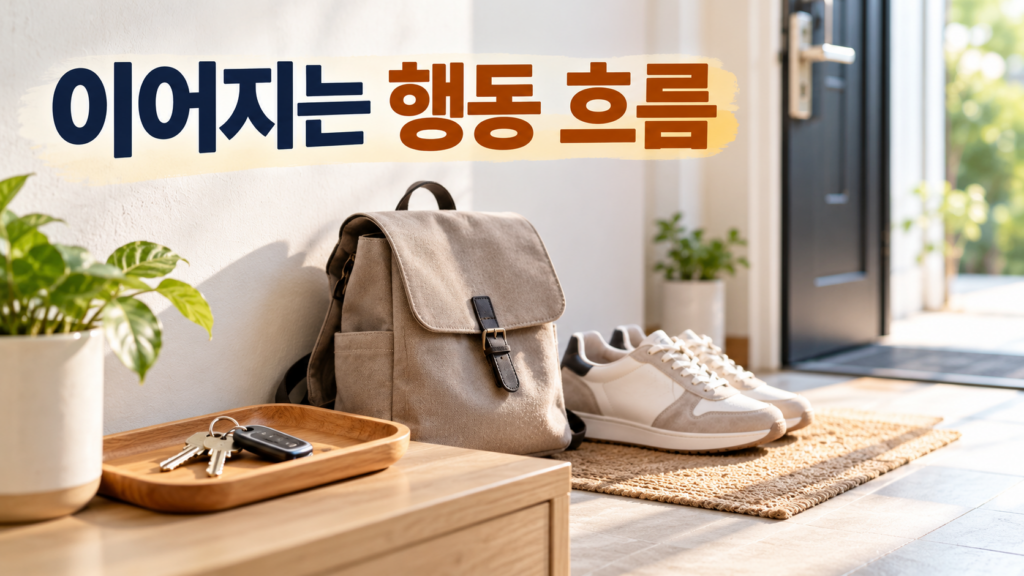 반복 행동의 일부 단계만 기억나도 전체 행동을 이어갈 수 있는 이유 2 현관이나 작업 공간을 연상시키는 생활용품들이 순서감 있게 놓여 있고, 상단에 “이어지는 행동 흐름”이라는 문구가 들어간 습관 형성 주제의 대표 이미지