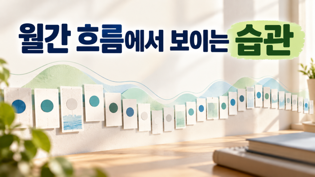 매일의 습관 기록보다 월간 흐름을 볼 때 새롭게 발견되는 행동 패턴 2 여러 날의 작은 행동 기록이 모여 반복과 공백이 나타나는 월간 습관 흐름을 표현한 이미지