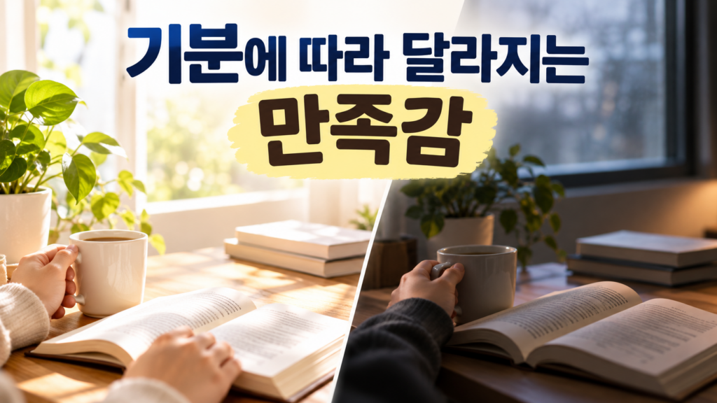 같은 행동도 그날의 기분에 따라 만족도가 달라지는 이유 2 같은 행동을 상징하는 책상 장면을 서로 다른 분위기의 조명으로 표현해 기분에 따라 만족감이 달라질 수 있음을 보여주는 이미지