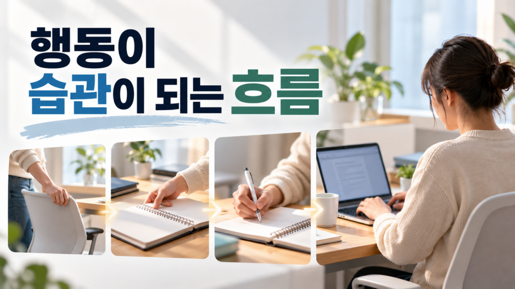 여러 단계의 행동이 하나의 습관처럼 묶이는 원리 2 여러 단계의 행동이 순서대로 이어지며 하나의 습관 흐름으로 연결되는 모습을 표현한 이미지
