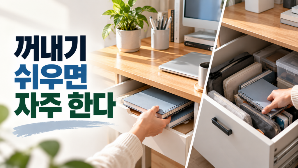물건을 꺼내고 다시 넣는 과정이 습관 행동의 빈도에 미치는 영향 2 사용하기 쉬운 위치와 깊은 수납공간에 놓인 물건을 비교해 접근성이 습관 행동의 빈도에 미치는 영향을 표현한 이미지