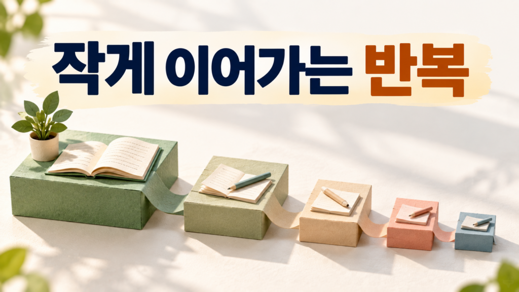 시간이 부족한 날 행동 범위를 줄여서 반복을 유지하는 원리 2 큰 행동 블록이 점차 작은 형태로 줄어들면서도 연결은 유지되는 모습과 ‘작게 이어가는 반복’ 문구를 표현한 습관 형성 대표 이미지