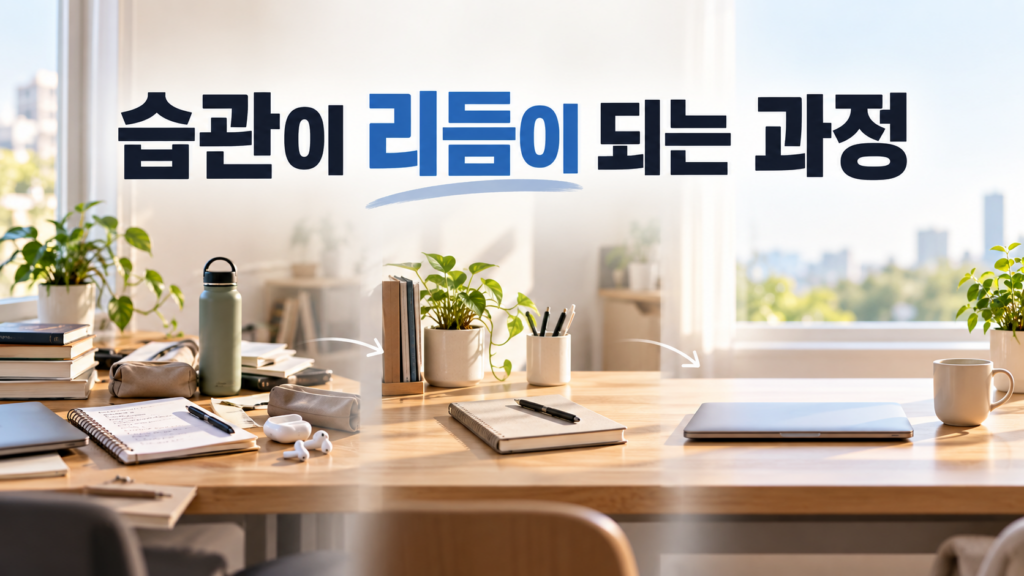 반복 행동에 걸리는 시간이 점차 짧아지면서 생활 리듬이 변하는 과정 2 반복 행동이 익숙해지면서 준비 과정이 줄고 생활 리듬이 정돈되는 모습을 단계적으로 표현한 이미지