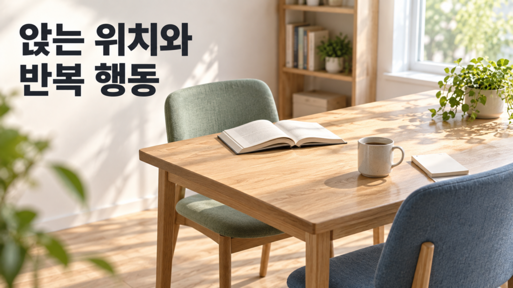 같은 공간에서도 앉는 위치에 따라 반복 행동이 달라질 수 있을까 2 같은 원목 테이블의 서로 다른 위치에 놓인 두 의자와 각 자리에서 가까이 보이는 책과 머그컵을 통해 앉는 위치에 따른 행동 환경의 차이를 표현한 이미지