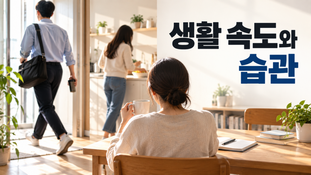 주변 사람의 생활 속도가 자신의 반복 행동에 영향을 주는 방식 2 같은 공간에 있는 사람들이 서로 다른 생활 속도로 움직이며 주변 사람의 행동이 반복 습관에 영향을 주는 모습을 표현한 이미지